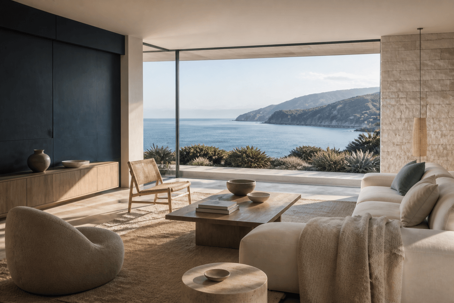 Beautifully staged coastal vacation-rental interior overlooking the sea and mountains
