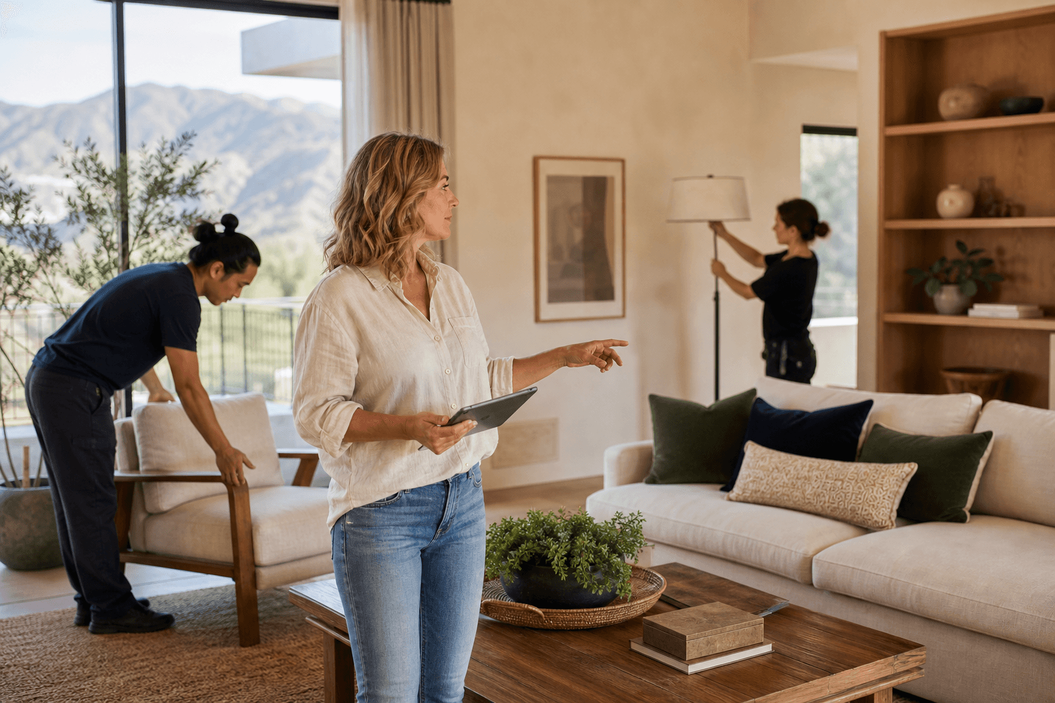 Designer directing a vacation-rental installation team